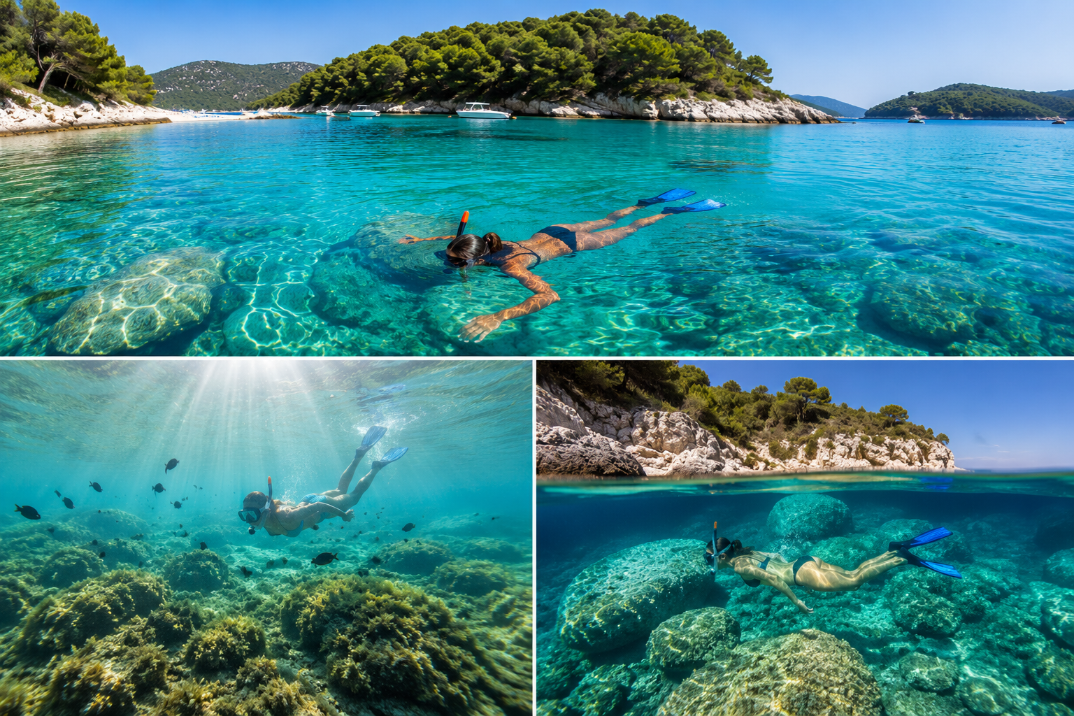 Snorkeling in clear turquoise waters near the small islets of Sivota, Greece
