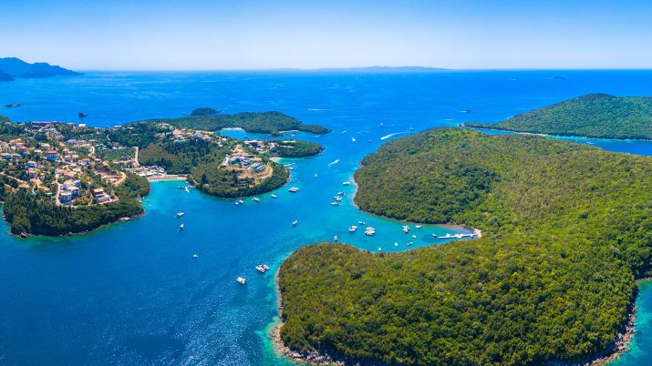 Aerial view of small green islets and blue Ionian Sea near Sivota, Greece