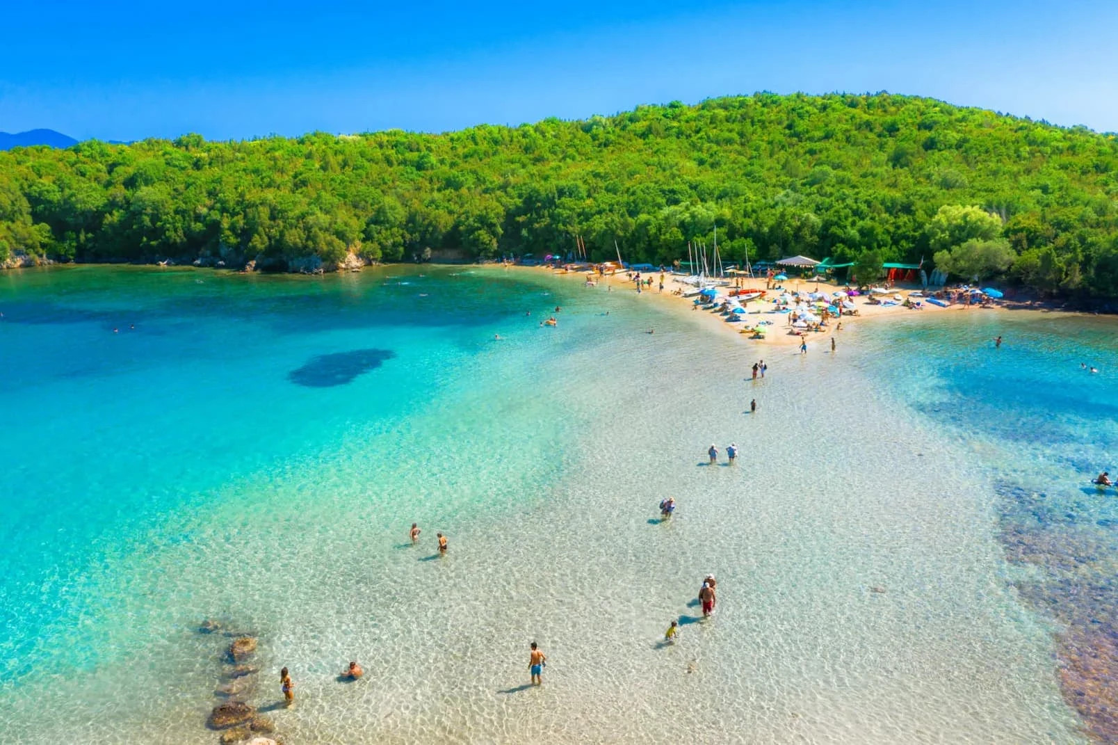 Aerial view of Bella Vraka Beach with turquoise water in Sivota, Greece